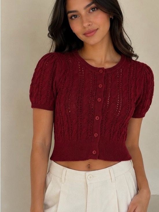 Vigoss Tops - Vigoss - Crop Short Sleeve in Burgundy, Size S